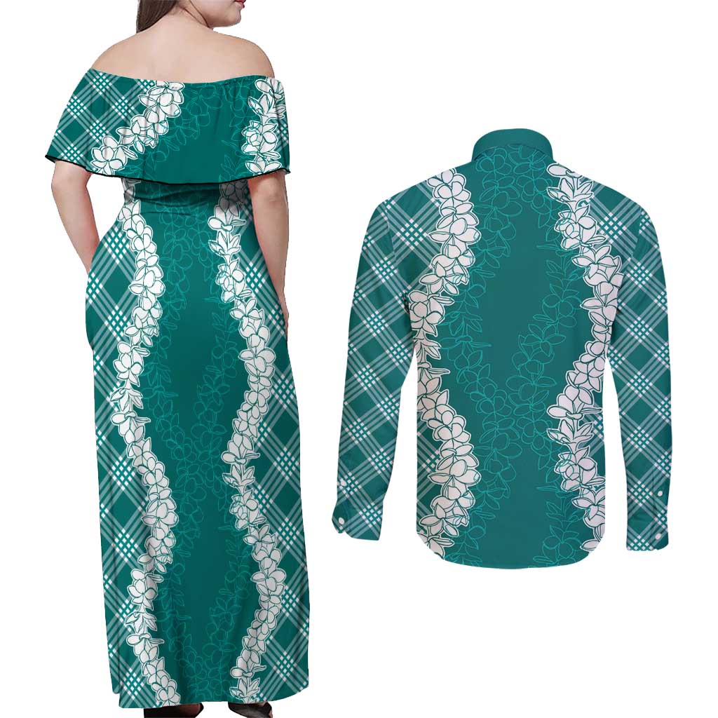 Hawaii Aloha Plumeria Lei Teal Palaka Couples Matching Off Shoulder Maxi Dress and Long Sleeve Button Shirt - Polynesian Pride