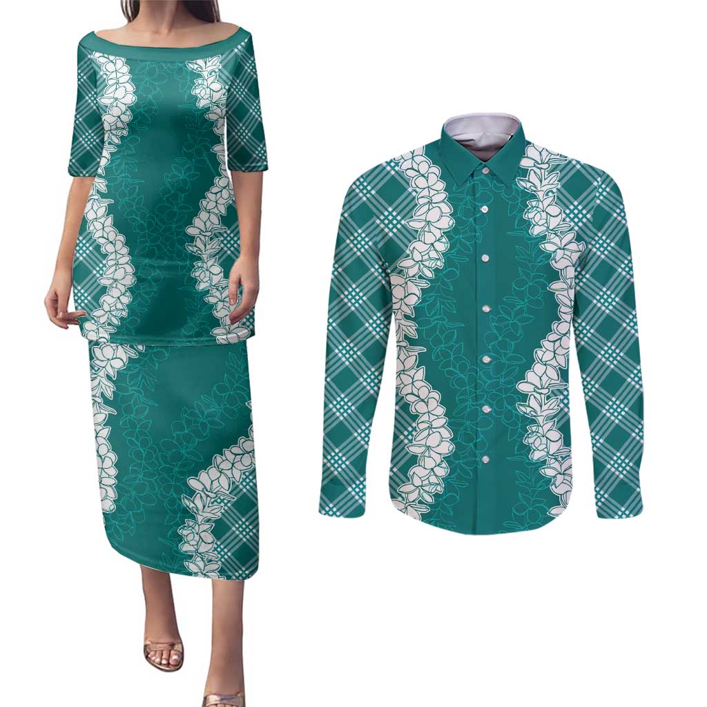 Hawaii Aloha Plumeria Lei Teal Palaka Couples Matching Puletasi and Long Sleeve Button Shirt LT7 Teal - Polynesian Pride