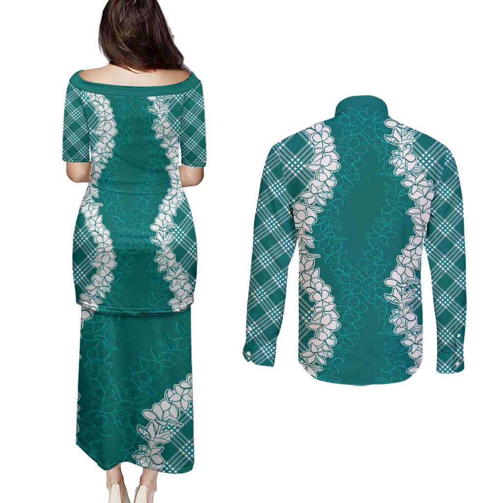 Hawaii Aloha Plumeria Lei Teal Palaka Couples Matching Puletasi and Long Sleeve Button Shirt LT7 - Polynesian Pride