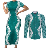 Hawaii Aloha Plumeria Lei Teal Palaka Couples Matching Short Sleeve Bodycon Dress and Long Sleeve Button Shirt - Polynesian Pride