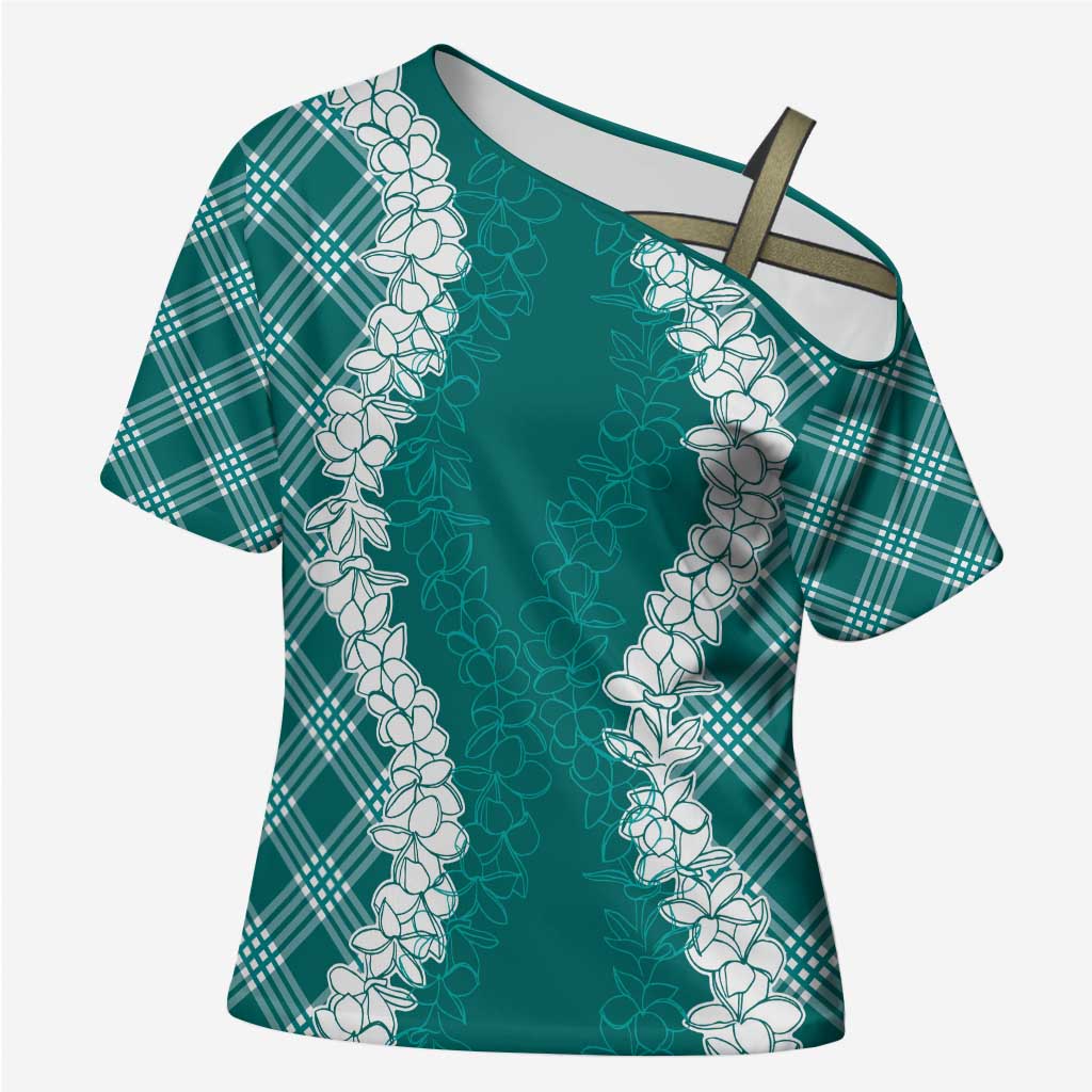 Hawaii Aloha Plumeria Lei Teal Palaka Cross Shoulder Shirt LT7 Female Teal - Polynesian Pride
