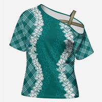 Hawaii Aloha Plumeria Lei Teal Palaka Cross Shoulder Shirt LT7 Female Teal - Polynesian Pride