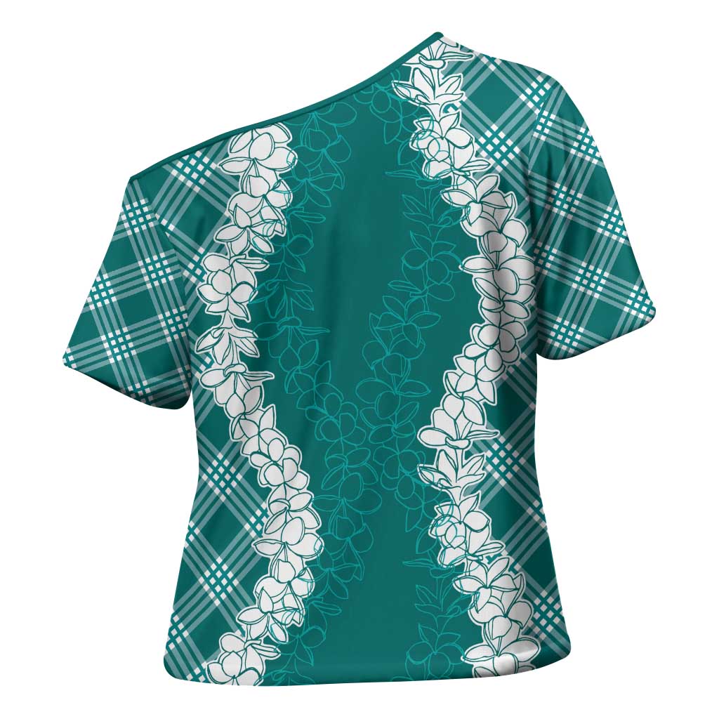 Hawaii Aloha Plumeria Lei Teal Palaka Cross Shoulder Shirt LT7 - Polynesian Pride