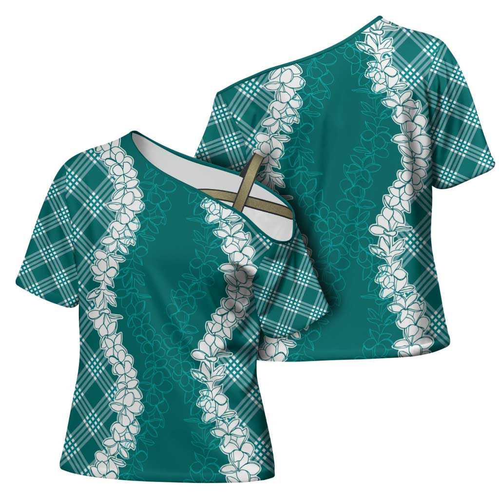 Hawaii Aloha Plumeria Lei Teal Palaka Cross Shoulder Shirt LT7 - Polynesian Pride