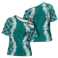 Hawaii Aloha Plumeria Lei Teal Palaka Cross Shoulder Shirt LT7 - Polynesian Pride