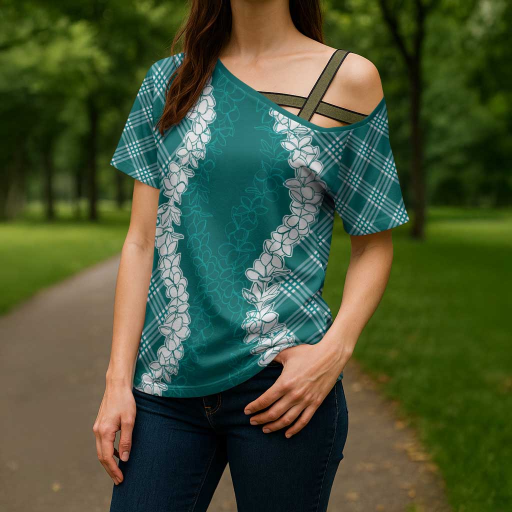 Hawaii Aloha Plumeria Lei Teal Palaka Cross Shoulder Shirt LT7 - Polynesian Pride