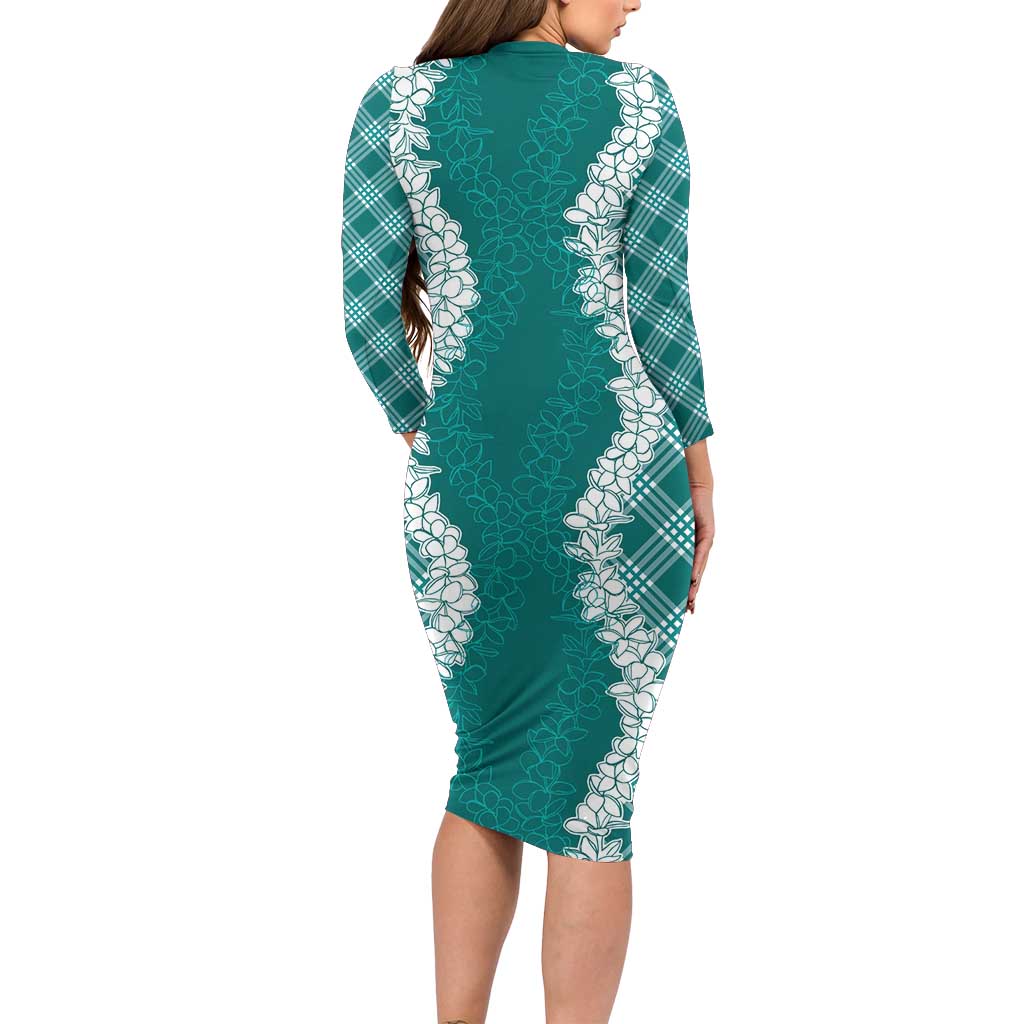 Hawaii Aloha Plumeria Lei Teal Palaka Family Matching Long Sleeve Bodycon Dress and Hawaiian Shirt - Polynesian Pride
