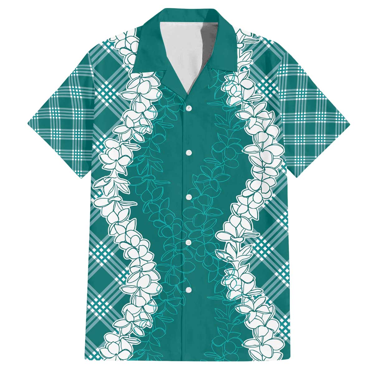 Hawaii Aloha Plumeria Lei Teal Palaka Family Matching Off The Shoulder Long Sleeve Dress and Hawaiian Shirt - Polynesian Pride