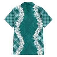 Hawaii Aloha Plumeria Lei Teal Palaka Family Matching Off The Shoulder Long Sleeve Dress and Hawaiian Shirt - Polynesian Pride