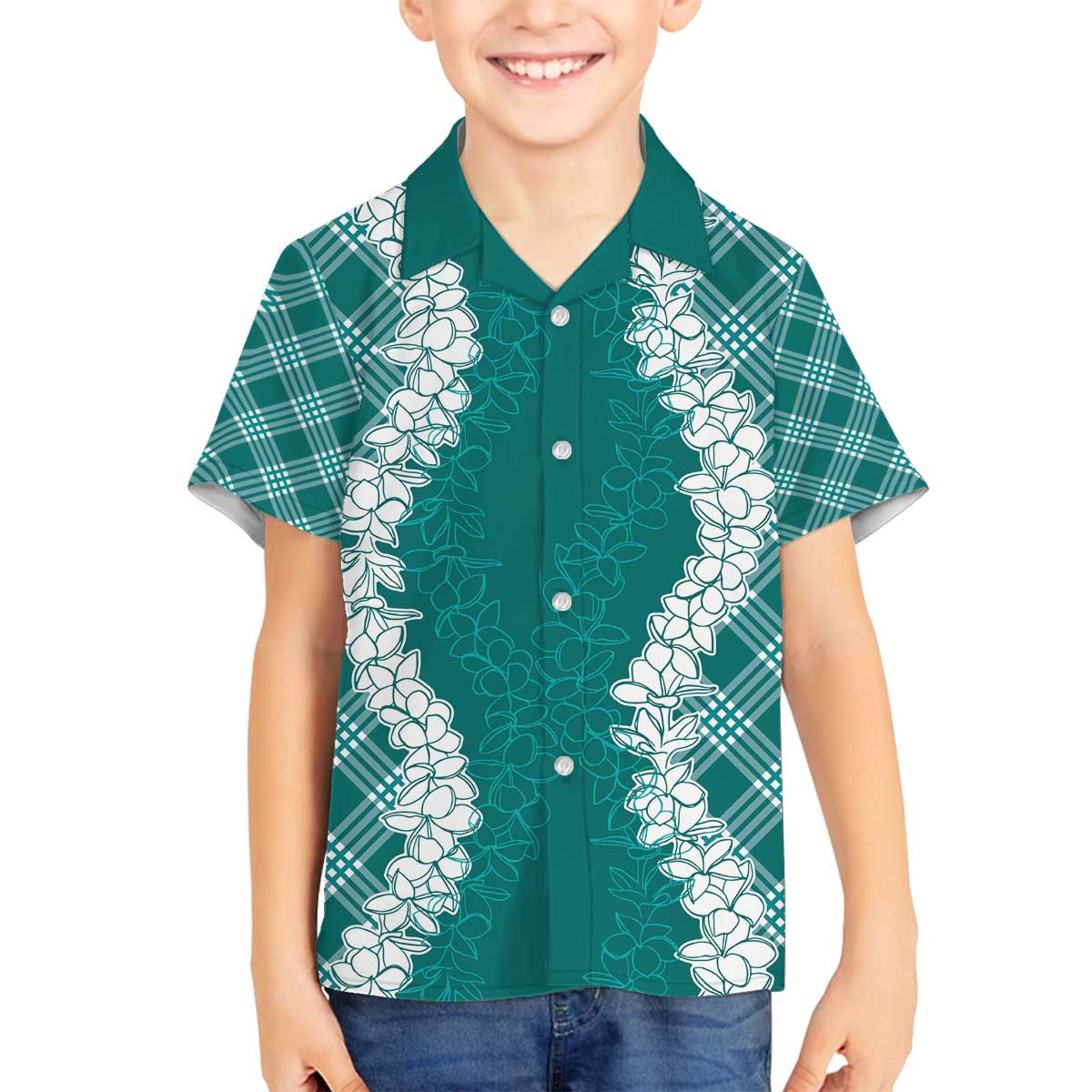 Hawaii Aloha Plumeria Lei Teal Palaka Family Matching Off The Shoulder Long Sleeve Dress and Hawaiian Shirt - Polynesian Pride