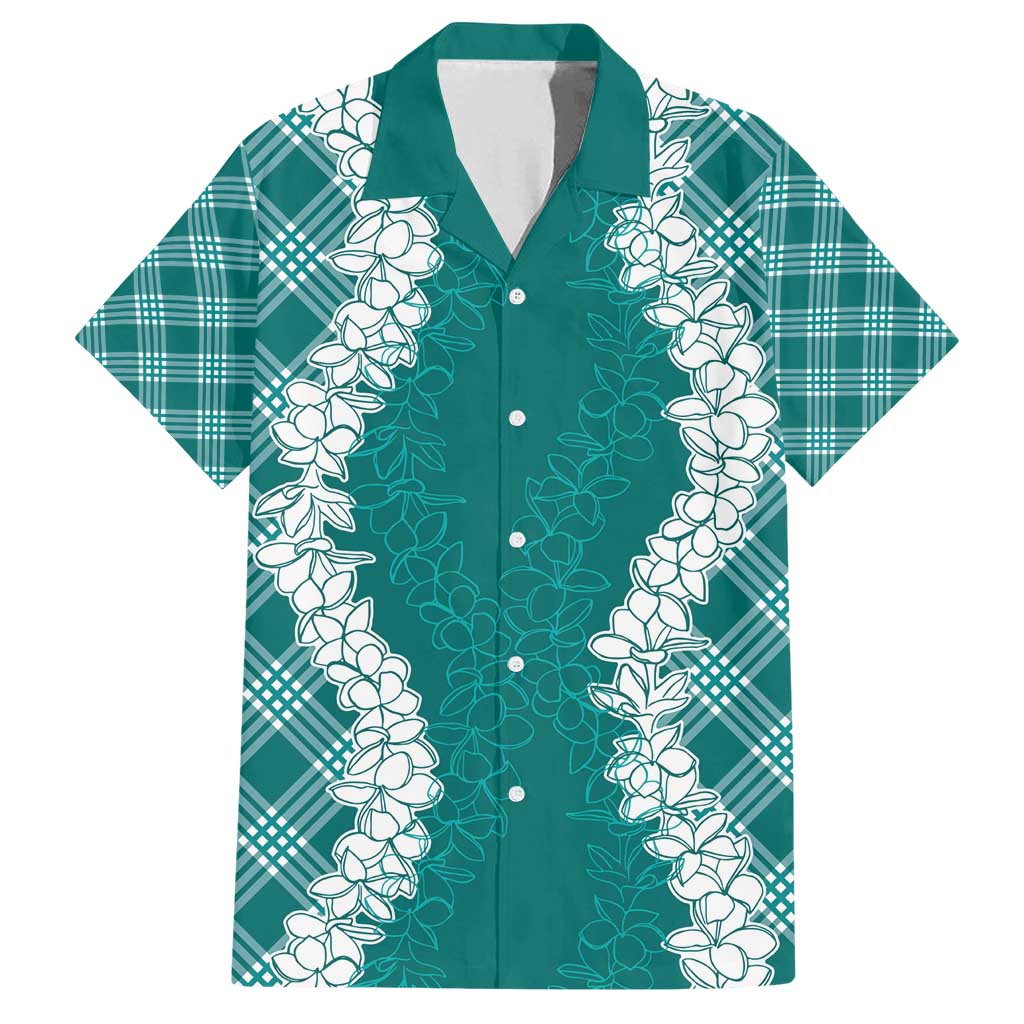 Hawaii Aloha Plumeria Lei Teal Palaka Family Matching Off Shoulder Maxi Dress and Hawaiian Shirt - Polynesian Pride