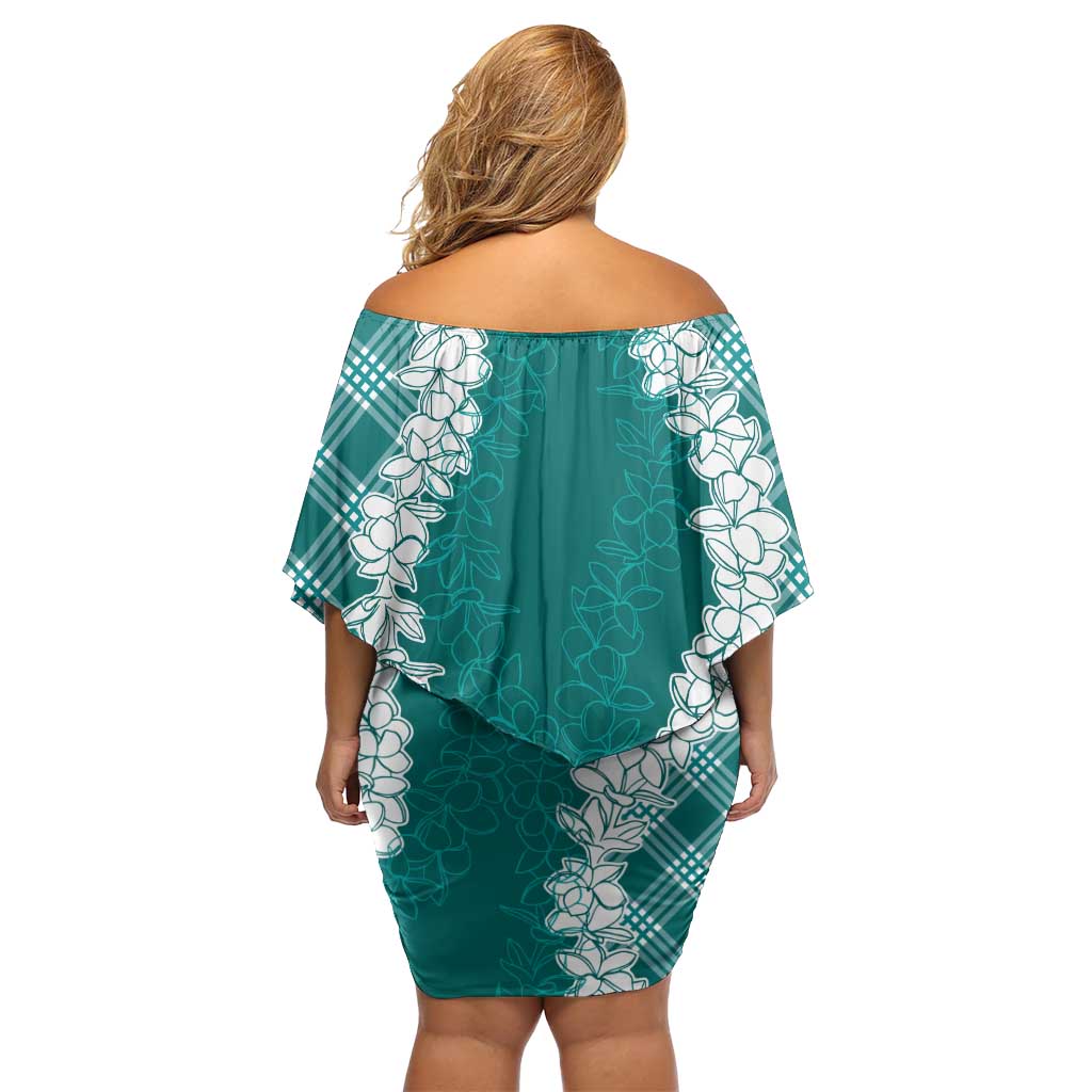 Hawaii Aloha Plumeria Lei Teal Palaka Family Matching Off Shoulder Short Dress and Hawaiian Shirt - Polynesian Pride