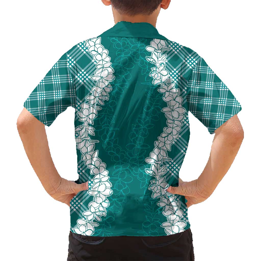 Hawaii Aloha Plumeria Lei Teal Palaka Family Matching Puletasi and Hawaiian Shirt - Polynesian Pride