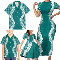 Hawaii Aloha Plumeria Lei Teal Palaka Family Matching Short Sleeve Bodycon Dress and Hawaiian Shirt - Polynesian Pride