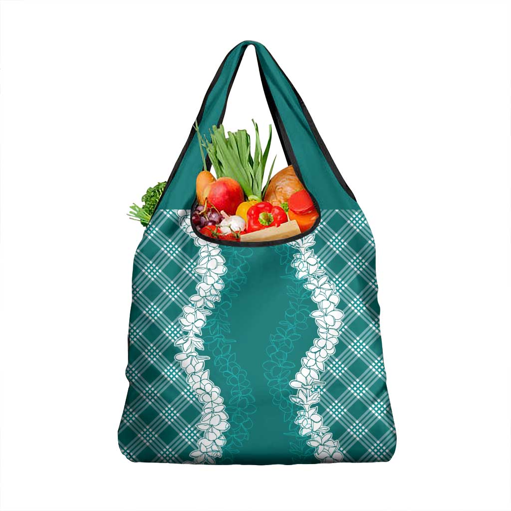Hawaii Aloha Plumeria Lei Teal Palaka Grocery Bag - Polynesian Pride