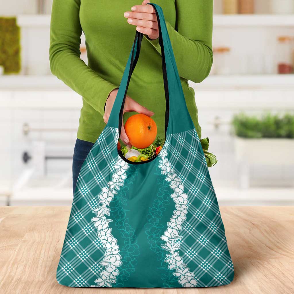 Hawaii Aloha Plumeria Lei Teal Palaka Grocery Bag - Polynesian Pride