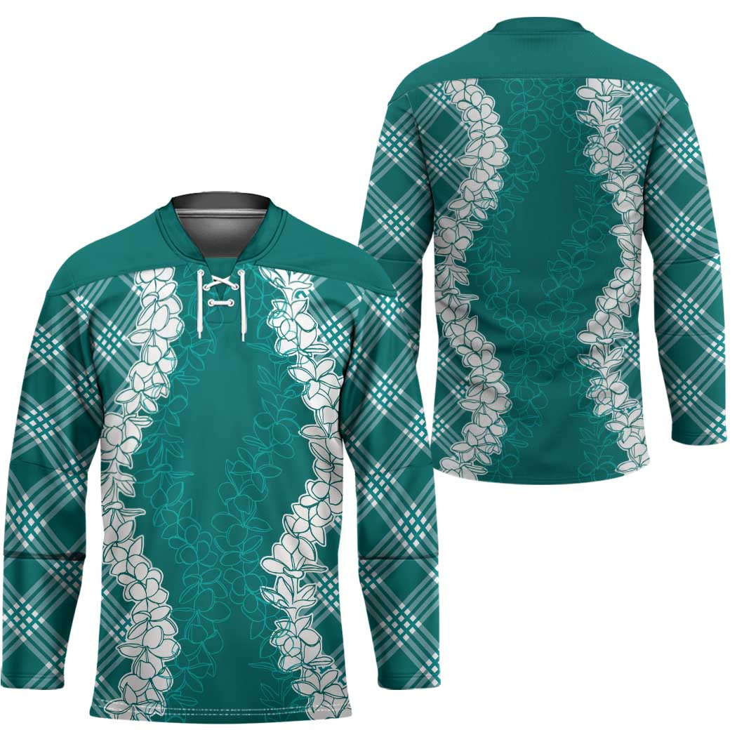 Hawaii Aloha Plumeria Lei Teal Palaka Hockey Jersey - Polynesian Pride