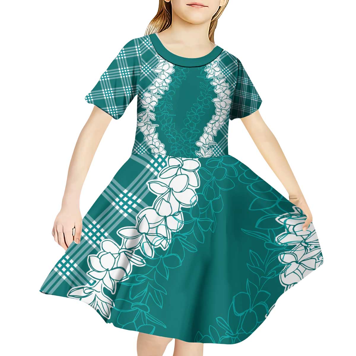 Hawaii Aloha Plumeria Lei Teal Palaka Kid Short Sleeve Dress - Polynesian Pride