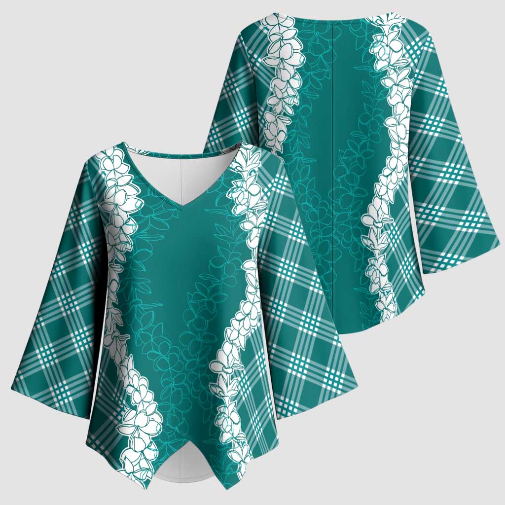 Hawaii Aloha Plumeria Lei Teal Palaka Kimono Sleeve Blouse LT7 - Polynesian Pride