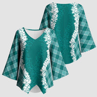 Hawaii Aloha Plumeria Lei Teal Palaka Kimono Sleeve Blouse LT7 - Polynesian Pride