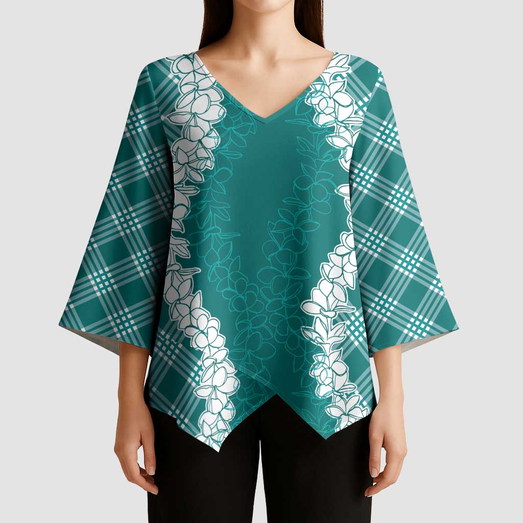 Hawaii Aloha Plumeria Lei Teal Palaka Kimono Sleeve Blouse LT7 - Polynesian Pride