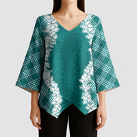 Hawaii Aloha Plumeria Lei Teal Palaka Kimono Sleeve Blouse LT7 - Polynesian Pride