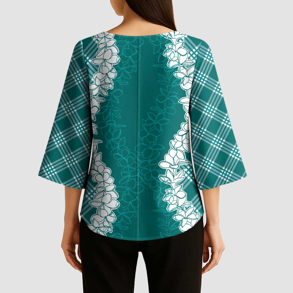 Hawaii Aloha Plumeria Lei Teal Palaka Kimono Sleeve Blouse LT7 - Polynesian Pride