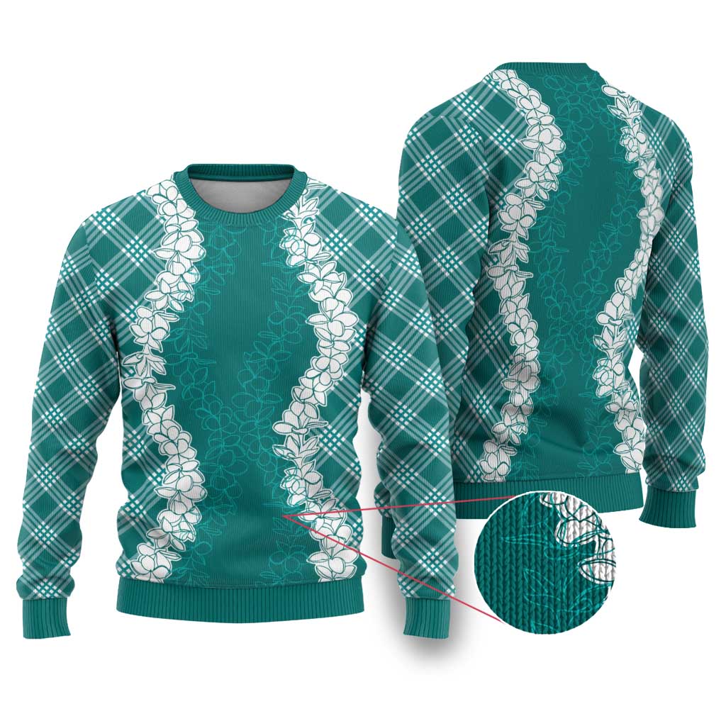 Hawaii Aloha Plumeria Lei Teal Palaka Ugly Christmas Sweater - Polynesian Pride