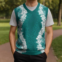 Hawaii Aloha Plumeria Lei Teal Palaka Christmas Knitted V-Neck Vest LT7 - Polynesian Pride
