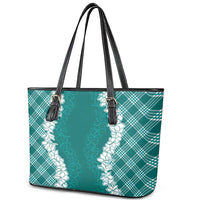 Hawaii Aloha Plumeria Lei Teal Palaka Leather Tote Bag - Polynesian Pride