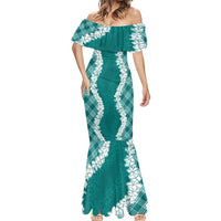 Hawaii Aloha Plumeria Lei Teal Palaka Mermaid Dress - Polynesian Pride