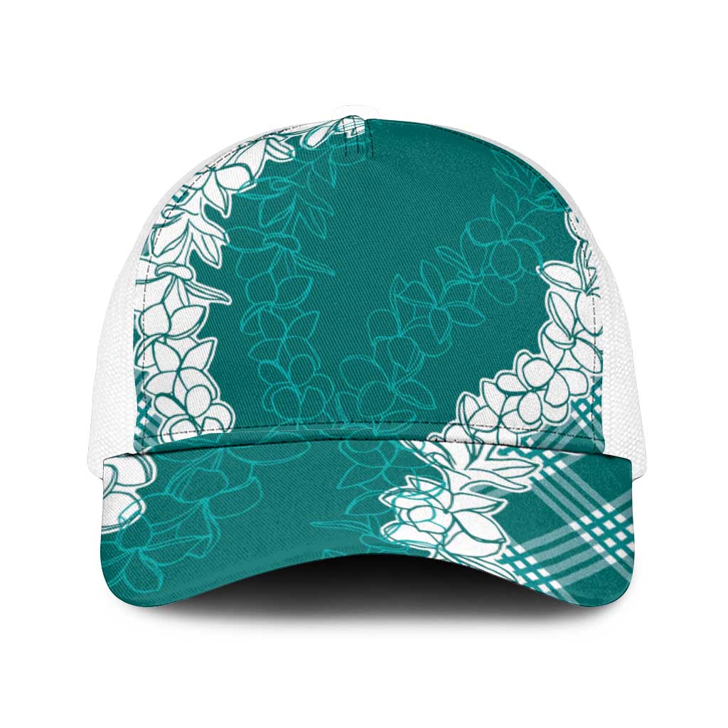 Hawaii Aloha Plumeria Lei Teal Palaka Mesh Trucker Cap - Polynesian Pride