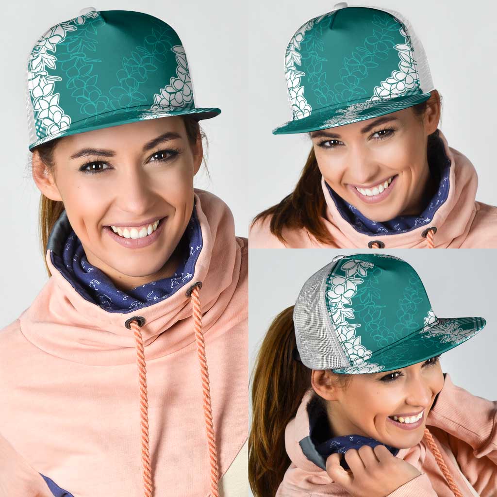 Hawaii Aloha Plumeria Lei Teal Palaka Mesh Trucker Cap LT7 - Polynesian Pride