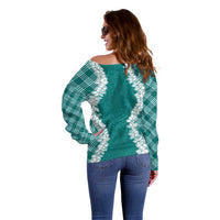 Hawaii Aloha Plumeria Lei Teal Palaka Off Shoulder Sweater - Polynesian Pride