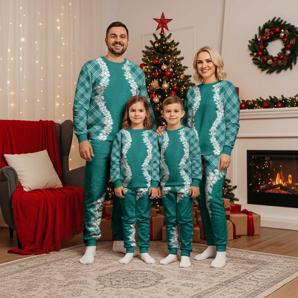 Hawaii Aloha Plumeria Lei Teal Palaka Christmas Pajama Set LT7 - Polynesian Pride