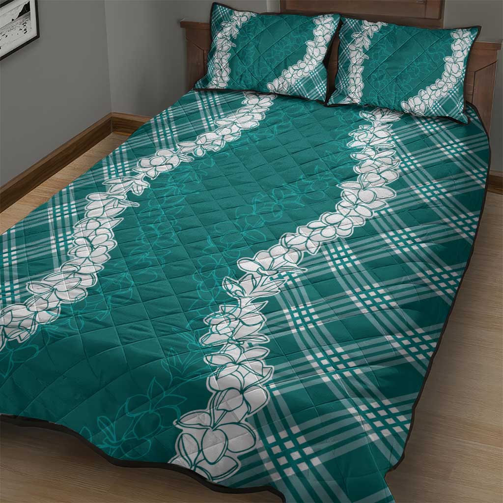 Hawaii Aloha Plumeria Lei Teal Palaka Quilt Bed Set - Polynesian Pride