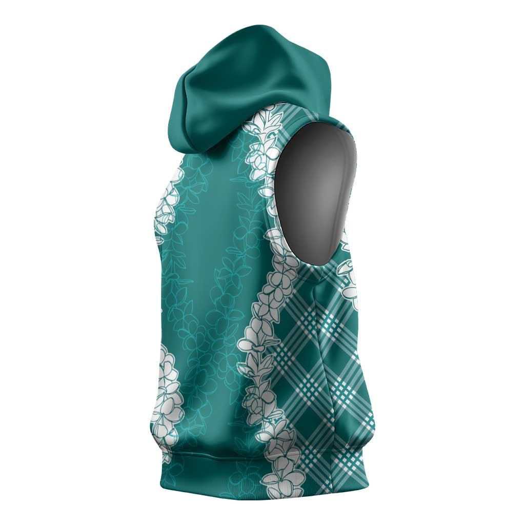 Hawaii Aloha Plumeria Lei Teal Palaka Sleeveless Hoodie LT7 - Polynesian Pride