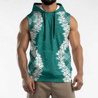 Hawaii Aloha Plumeria Lei Teal Palaka Sleeveless Hoodie LT7 - Polynesian Pride
