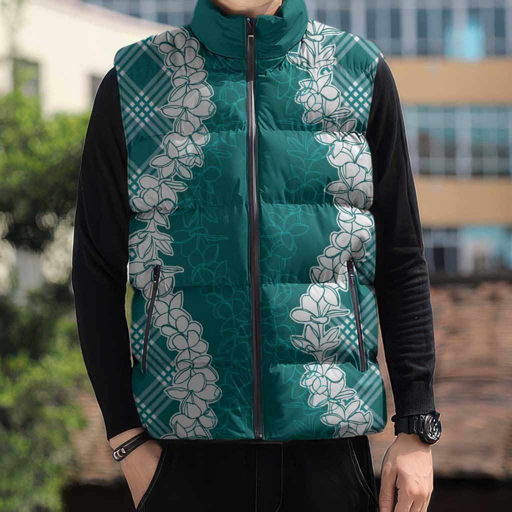 Hawaii Aloha Plumeria Lei Teal Palaka Sleeveless Puffer Jacket LT7 - Polynesian Pride