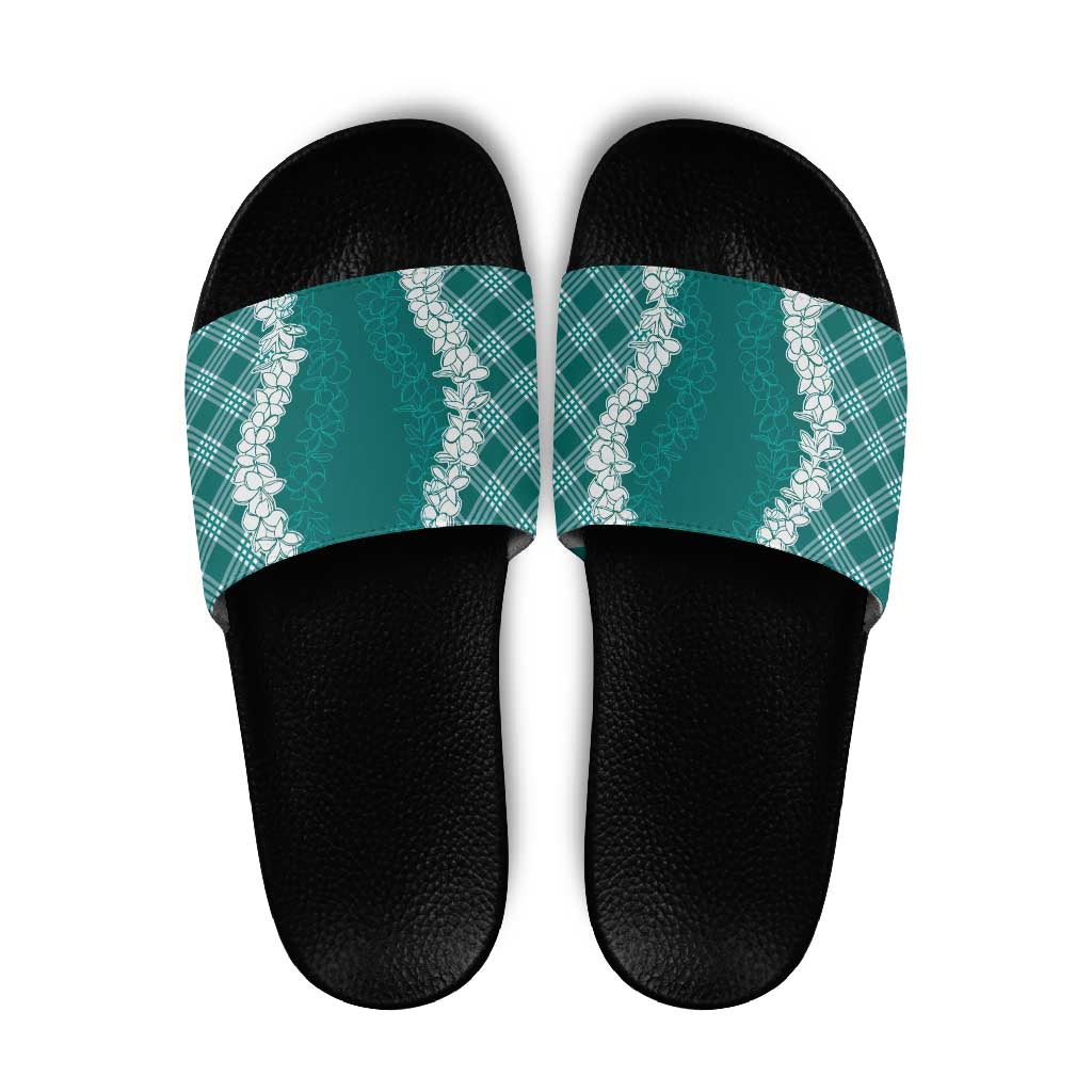 Hawaii Aloha Plumeria Lei Teal Palaka Slide Sandals - Polynesian Pride