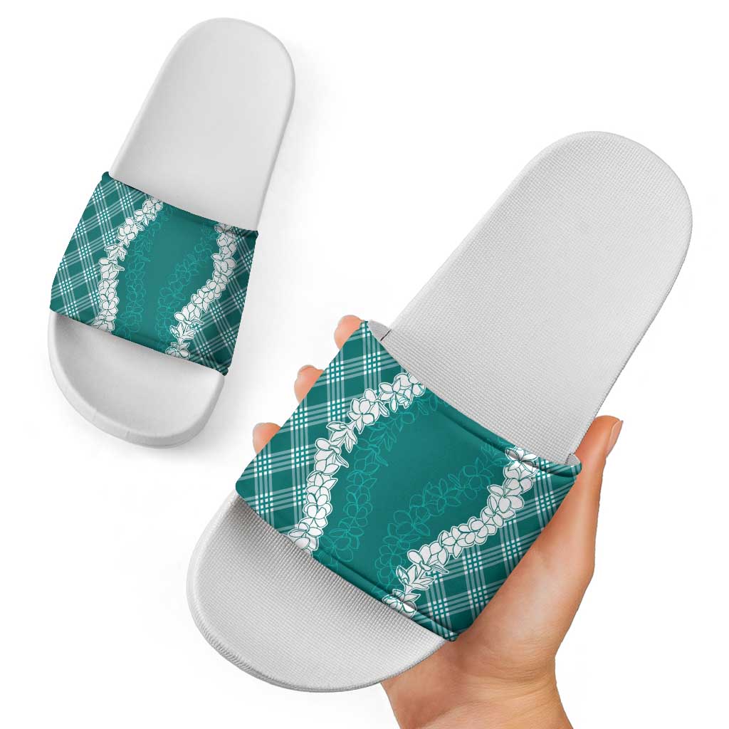 Hawaii Aloha Plumeria Lei Teal Palaka Slide Sandals - Polynesian Pride