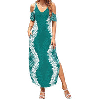 Hawaii Aloha Plumeria Lei Teal Palaka Summer Maxi Dress - Polynesian Pride
