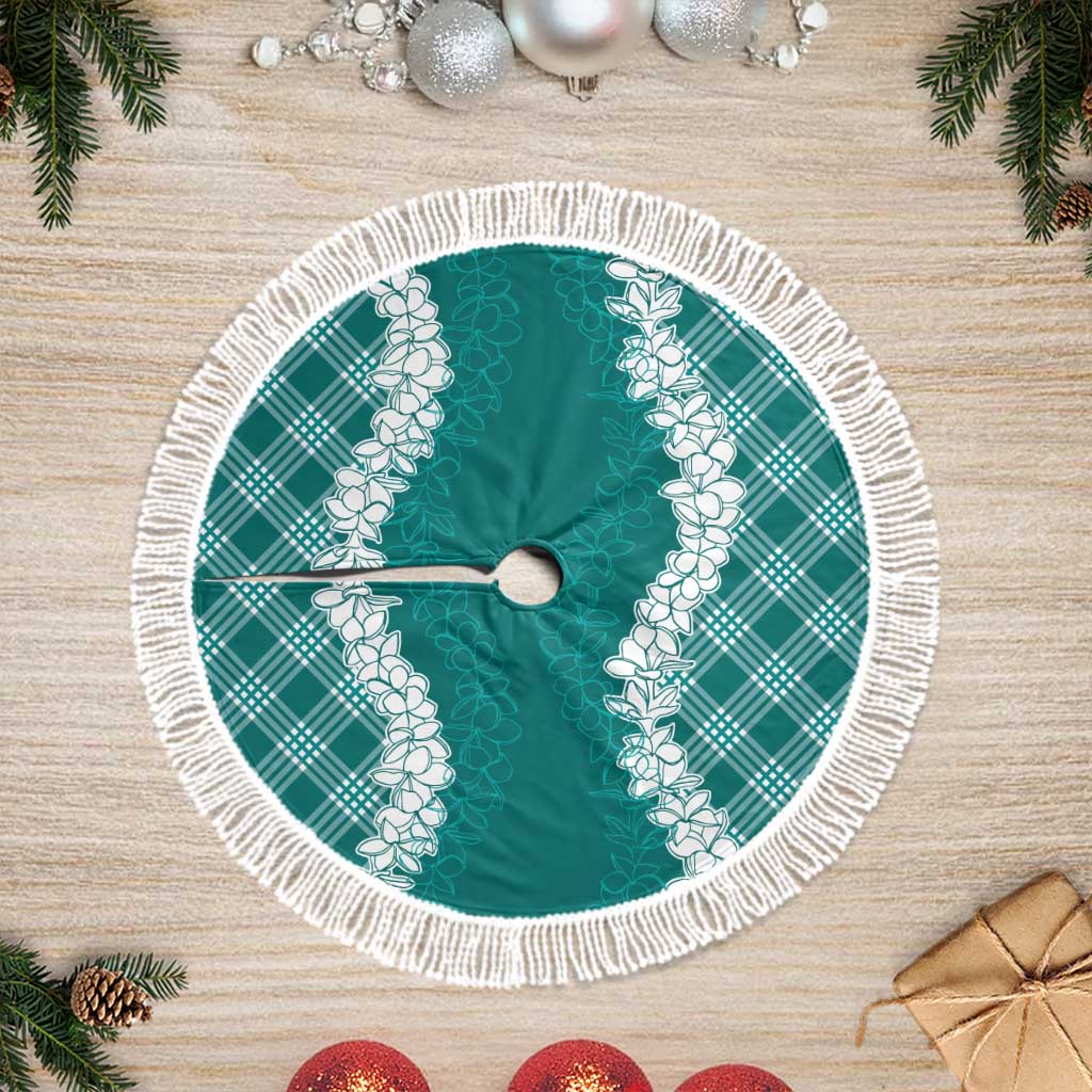 Hawaii Aloha Plumeria Lei Teal Palaka Tree Skirt LT7 Fringed Teal - Polynesian Pride
