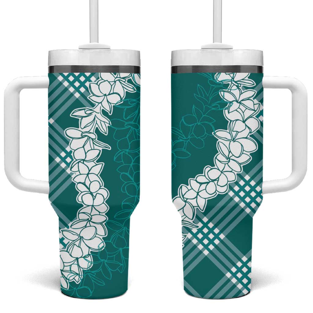 Hawaii Aloha Plumeria Lei Teal Palaka Tumbler With Handle - Polynesian Pride