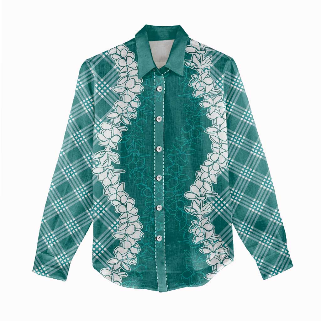 Hawaii Aloha Plumeria Lei Teal Palaka Women Casual Shirt - Polynesian Pride
