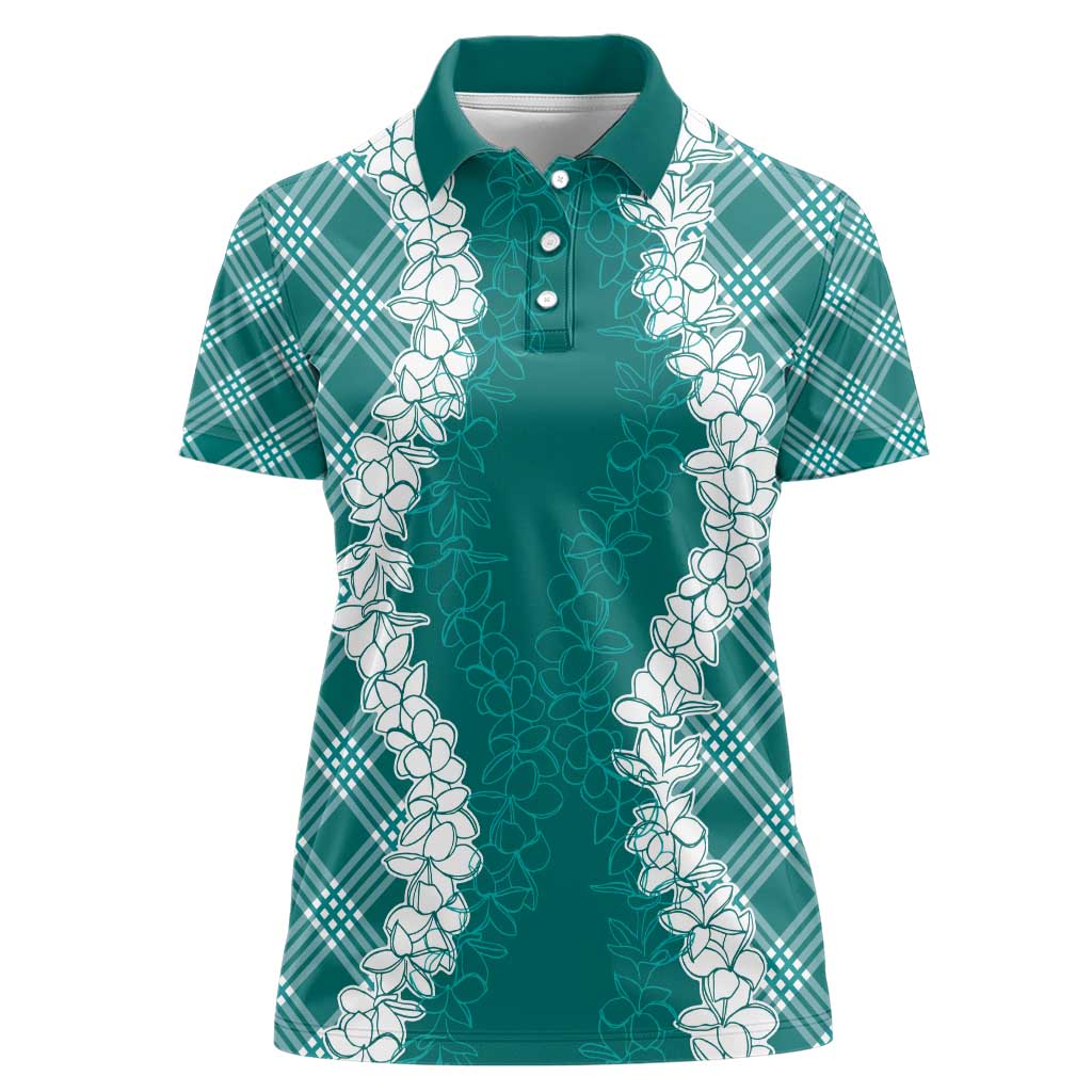 Hawaii Aloha Plumeria Lei Teal Palaka Women Polo Shirt - Polynesian Pride