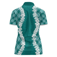 Hawaii Aloha Plumeria Lei Teal Palaka Women Polo Shirt - Polynesian Pride