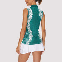 Hawaii Aloha Plumeria Lei Teal Palaka Women Sleeveless Polo Shirt - Polynesian Pride