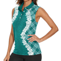 Hawaii Aloha Plumeria Lei Teal Palaka Women Sleeveless Polo Shirt - Polynesian Pride