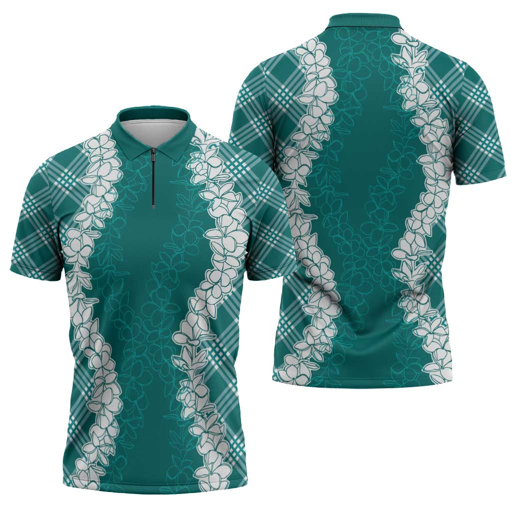 Hawaii Aloha Plumeria Lei Teal Palaka Zipper Polo Shirt LT7 - Polynesian Pride